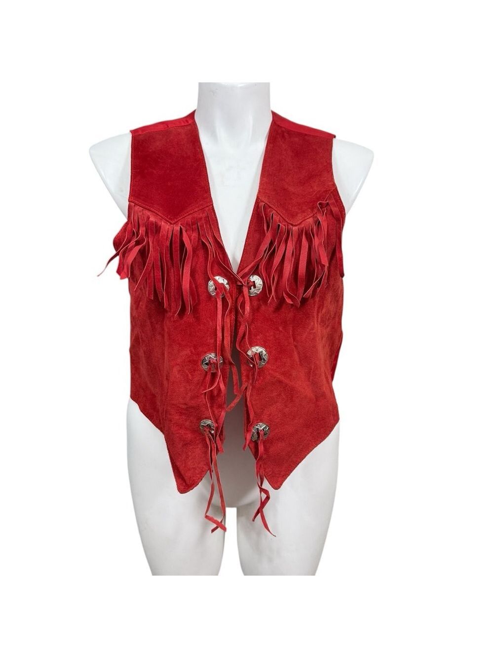 Vintage Y2K Rock Creek Red Suede Fringe Vest Women’s L Concho Western